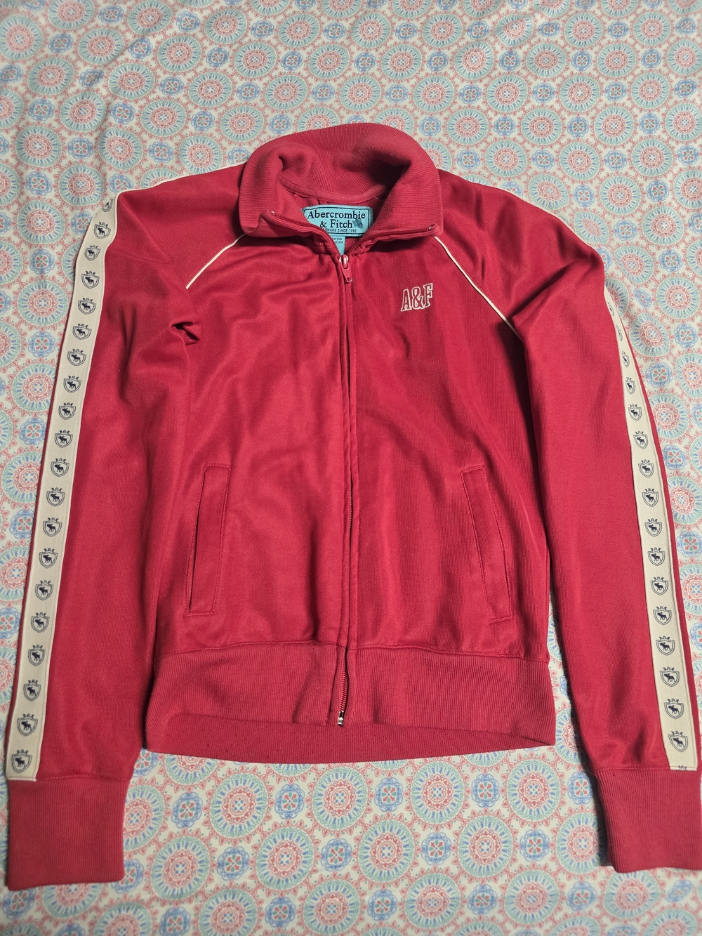 Abercrombie & Fitch Red Track Jacket with Cream Sleeve Tape